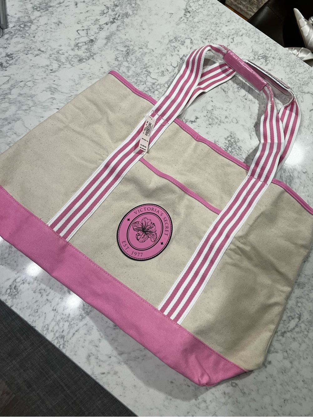 Victoria's Secret Beige Canvas Tote with Pink Trim and Striped Handles
